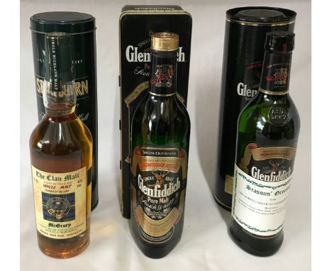Three bottles of whiskey to include Glenfiddich special reserve single malt, Glenfiddich pure malt scotch whiskey and Speybur