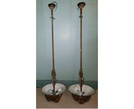 A pair of vintage copper hanging light shades. 160cm length. Shade diameter approx. 49cm. 