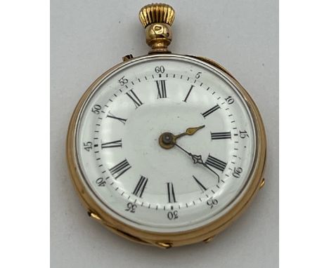 A Continental gold cased pocket watch (tests as 9ct) with white enamel dial. Weight 25.2gm. Inscribed to inner case 'Remontoi