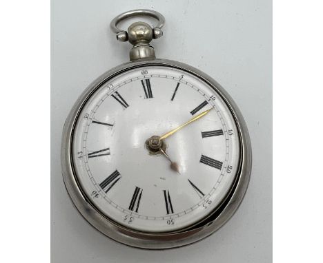 Victorian silver pair cased pocket watch, maker James Garland of London, with enamel roman numeral dial and gilt hands. The f