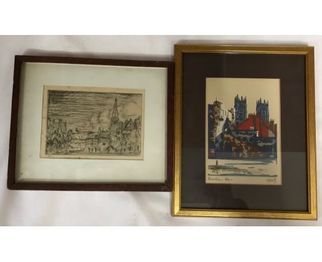 Silk Screen Print by Joy Godfrey Bootham Bar York 17 x 12cm along with a print 6/12 signed by Leslie Schon? 1939 11 x 15.5cm.