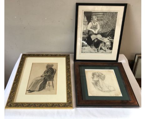 Three framed pencil sketches to include a bust portrait by Edward Burton image 18 x 18cm, 'The Broom Maker' by M. Palmer 26 x