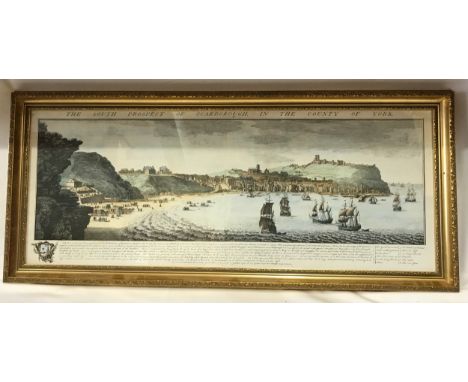 After Samuel and Nathaniel Buck (British 18th century): 'The South Prospect of Scarborough', colour print pub. 1977, 32cm x 8