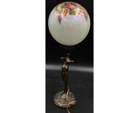 Christopher Wray art nouveau table lamp with glass globe shade and bronzed finish base of nude standing female. 46 h x 15cm w