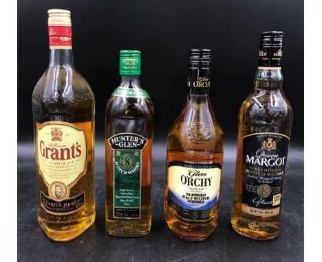 Three bottles of Whisky: Hunter's Glen aged 8 years, Queen Margot blended Scotch Whisky, Glen Orchy Blended Malt Scotch Whisk