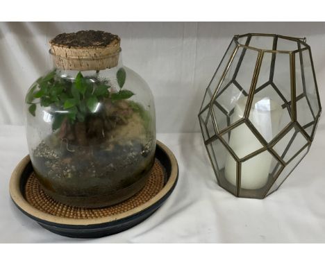 Terrarium with cork lid containing living plants approx 32cm h on an unassociated ceramic base and with bag of tools for terr