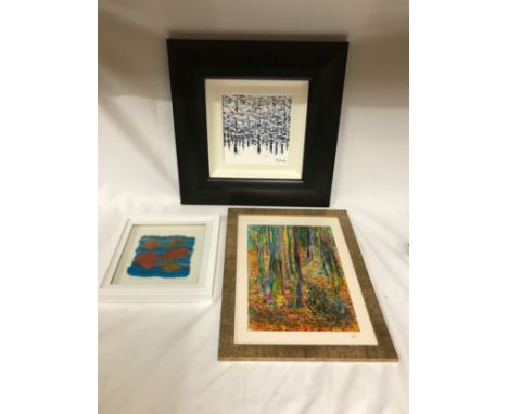 Three framed pictures to include a small tapestry weaving named Floating Autumn leaves signed by Cathy Needham, an original p