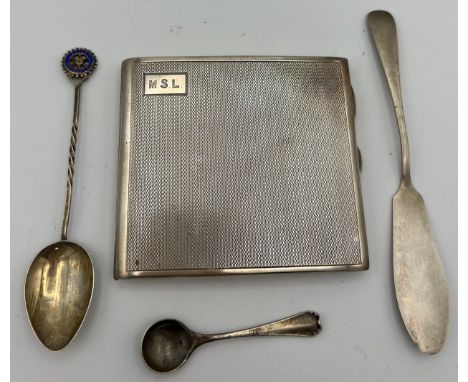 Hallmarked silver to include cigarette case Birmingham 1929, two spoons and a knife. 176gm total weight. 