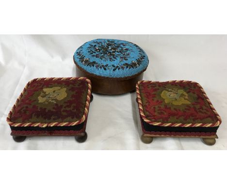 A circular footstool enclosing brown glazed spittoon marked T. Simpson &amp; Sons Cabinet makers 13 h x 29cm w with a beaded 