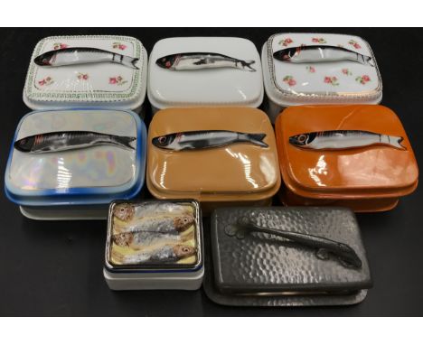 A collection of 6 lustre sardine dishes with covers three of which marked with Victoria China Czechoslovakia to base along wi