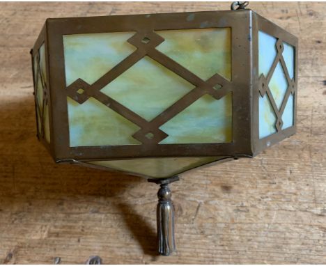 Vintage metal and opaque glass hanging light shade.&nbsp;10" dia. x 20" drop
