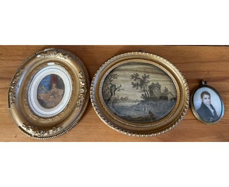 Early 19thC hair work landscape, 19thC watercolour portrait of a lady in oval gilt frame and a 19thC oval portrait of a gentl