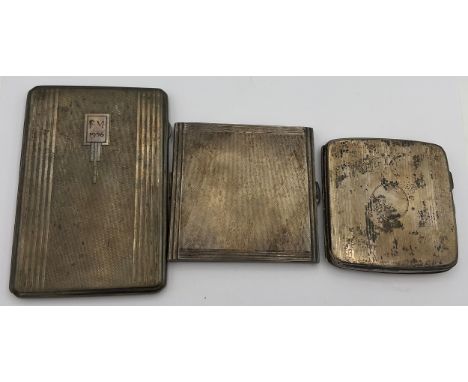 Three silver cigarette cases with engine turned decoration. Total weight 447gm. Various dates and makers. 