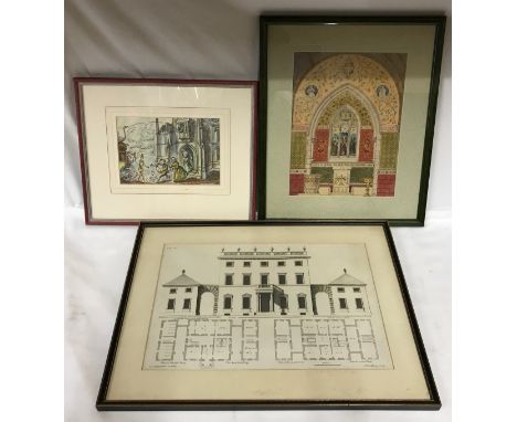 Architectural plate of the elevation of St Charles Hotham's house in Beverley 26 x 38cm along with a print of dogs greeting t