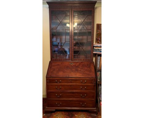 A 19thC Mahogany Bureau Bookcase on ogee bracket feet and astragal glazed doors to top 102 w x 57 d x 235cm h.  Secret drawer
