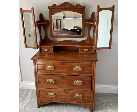 An Art Nouveau chest of drawers with mirror to top. 92 w x 45 d x approx 155cm h. 