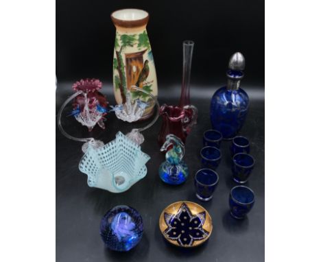 Various glass items to include handkerchief bowl, cranberry vases x 2 and jug, Caithness paperweight, seahorse paperweight, b