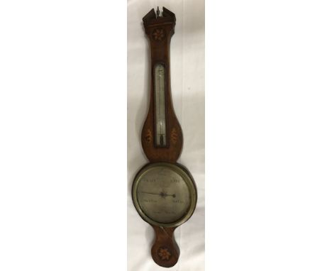 Victorian mahogany barometer with inlaid shell and floral panels. Steel face. 99 h x 25cm w. 