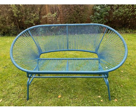 A blue plastic and metal stringed bench. 144 w x 80cm h. 