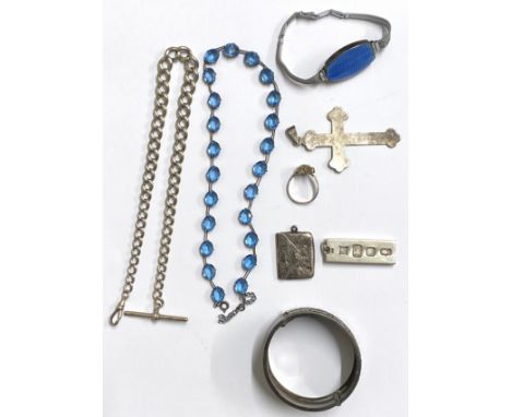 A collection of silver items to include ladies opening blue enamelled bracelet with inside mirror, blue glass necklace with s