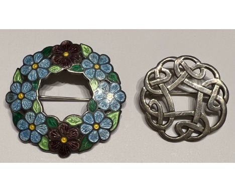 Two brooches, one silver and enamel 1946 maker AH Darby and son. 
