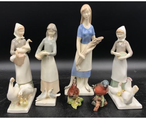 A collection of six ceramic models to include four large marked models and two Beswick birds marked 993 WREN and 991 CHAFFINC