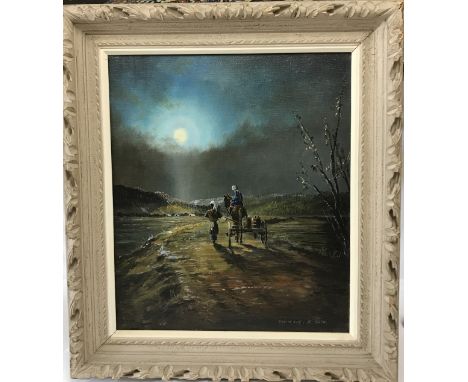 Oil on Canvas "End of Day" by Japanese artist K Sato (1906-1978), frame size 70cm x 63cm