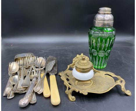 Miscellany to include a decorative brass and ceramic inkstand, a green glass cocktail shaker with silver plated lid, 20cm h a