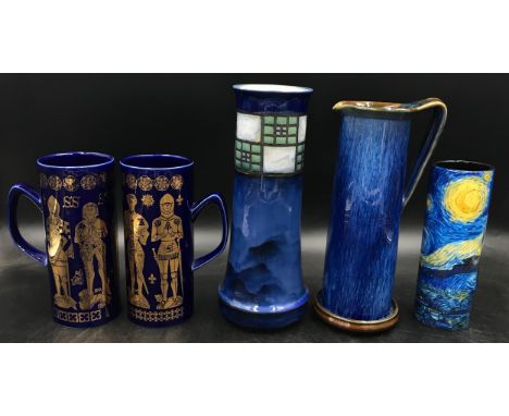 A collection of blue ceramics to include a pair of Hornsea Pottery York and Lancaster War of the Roses Tankards 18 h, a Royal