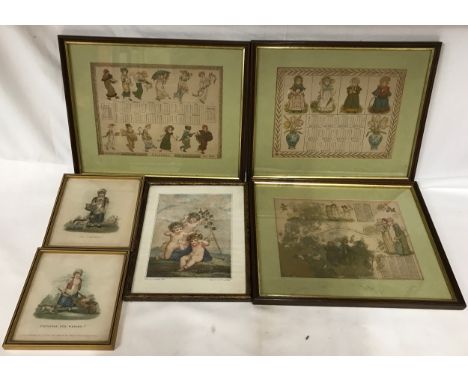 Three Kate Greenaway prints of Calendars for 1884, Two Temple of Fancy prints and one print of an engraving by F Bartolozzi, 