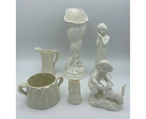 Five pieces of Royal Worcester tallest 23cm and a Bisque figurine of a child and dog. 