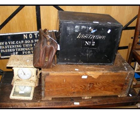 A document box, set of vintage scales etc