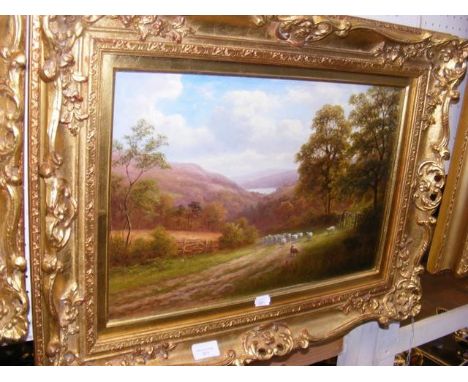 William Mellor (1851-1931) - 'In the Washburn Valley', sheep and farmer at the gate, signed lower right, oil on canvas - 30x4