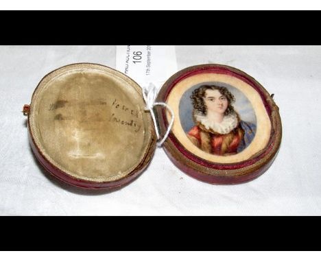 JAMES WARREN CHILDE - antique miniature painting in travelling case - picture size 4.3cm x 3.3cm - signed in gold to left of 
