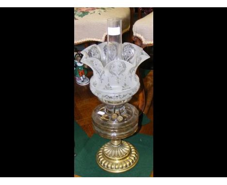 A Victorian brass oil lamp with shade - H50cmCONDITION REPORTas per imagesLamp is in good condition, one small chip to glass 