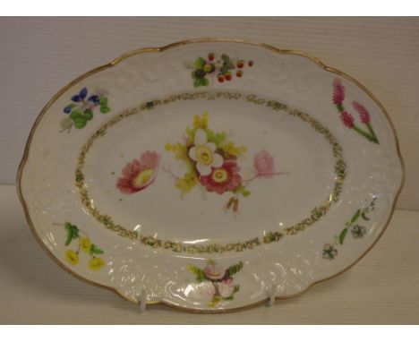 Rare SWANSEA porcelain oval dish hand painted with floral sprays and strawberries. 26.5 across. Light wear.