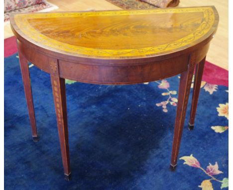 George III inlaid demilune mahogany card table on tapering legs. 94cm wide, 74cm high. Purchased Stanley Lipscombe Antiques, 