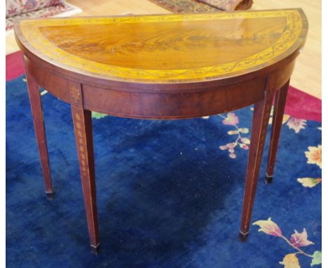 George III inlaid demilune mahogany card table on tapering legs. 94cm wide, 74cm high. Purchased Stanley Lipscombe Antiques, 