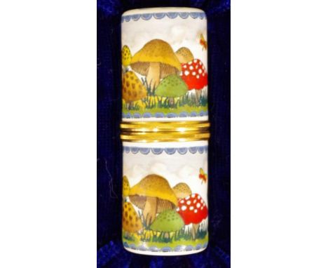 Bilston & Battersea enamel mushroom needle case H6cm approx, in original box with certificate