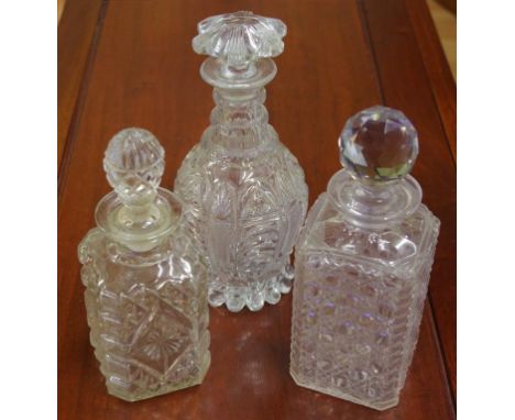 Georgian pressed glass decanter together with 2 Victorian cut glass decanters