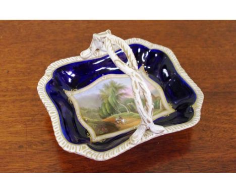 Antique Worcester cross twig handle basket attributed to Grainger Lee Worcester, circa 1825-30, 7cm high, 13.2cm long approx