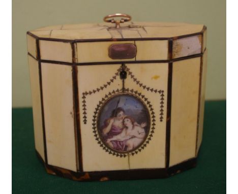 Georgian tea caddy with ivory panels, tortoiseshell stringing, inlaid MOP & gold and handpainted cameo lozenge, 12cm high, 15