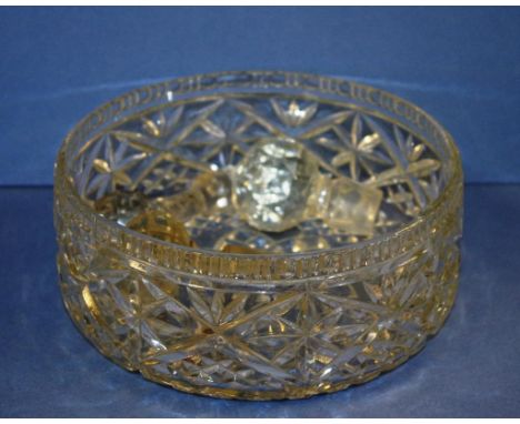 Pressed glass fruit bowl together with the decanter stoppers