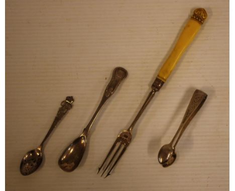 Four sterling silver flat wares comprising of a pickle fork Sheffield 1883, a mustard spoon Edinburgh 1826 (possibly Franklin