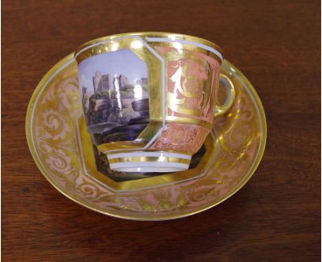 Barr Flight & Barr Worcester cup and saucer unnamed scene, incised B (cup), impressed crown over BFB and printed Royal Patron