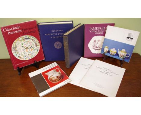 Eight books on antique English China including Coloured Worcester Porcelain of the First Period by M. Marshall