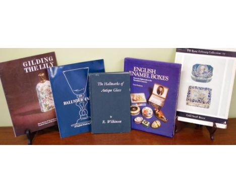 Five assorted books including books on enamel boxes, antique glass & hallmarks