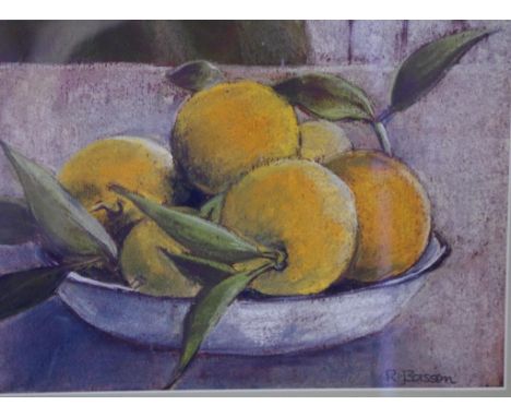 Ruth Basson "oranges in enamel bowl" gouache signed lower right, 19cm X 26cm approx
