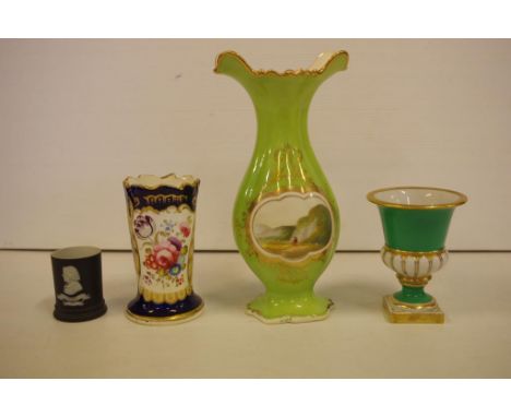 Four antique English ceramic vases including Wedgwood jasperware 'Josiah Wedgwood' 5cm high and 2 early 19th century Coalport