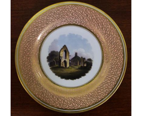 Barr Flight & Barr Worcester dessert plate with apricot and gilt vermicelli border, St Dennis's Priory  Hants, impressed crow